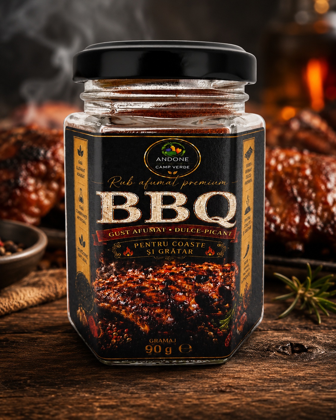condiment BBQ afumat, condiment barbecue, condimente BBQ, condiment pentru coaste, condiment carne la grătar, condimente grătar, condimente naturale, Andone Camp Verde